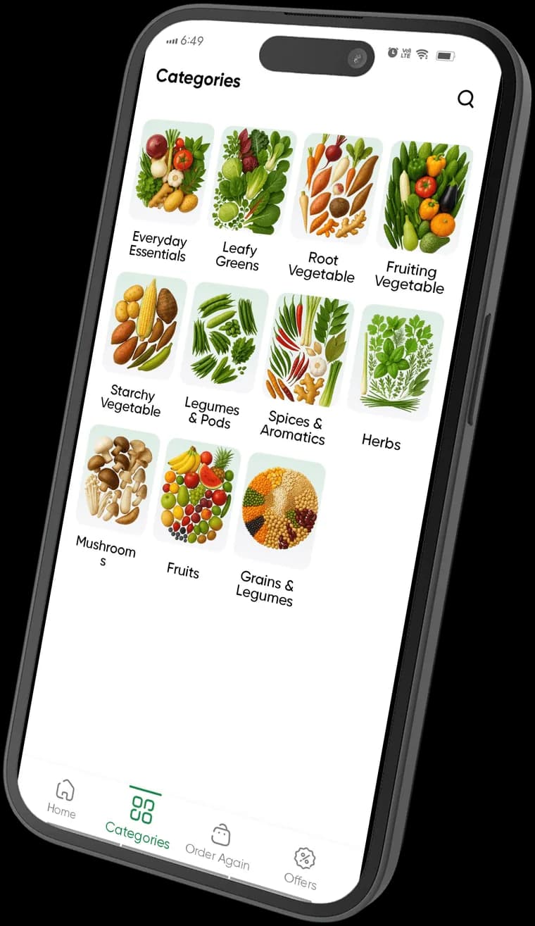 Grazify app categories screen with grocery category tiles