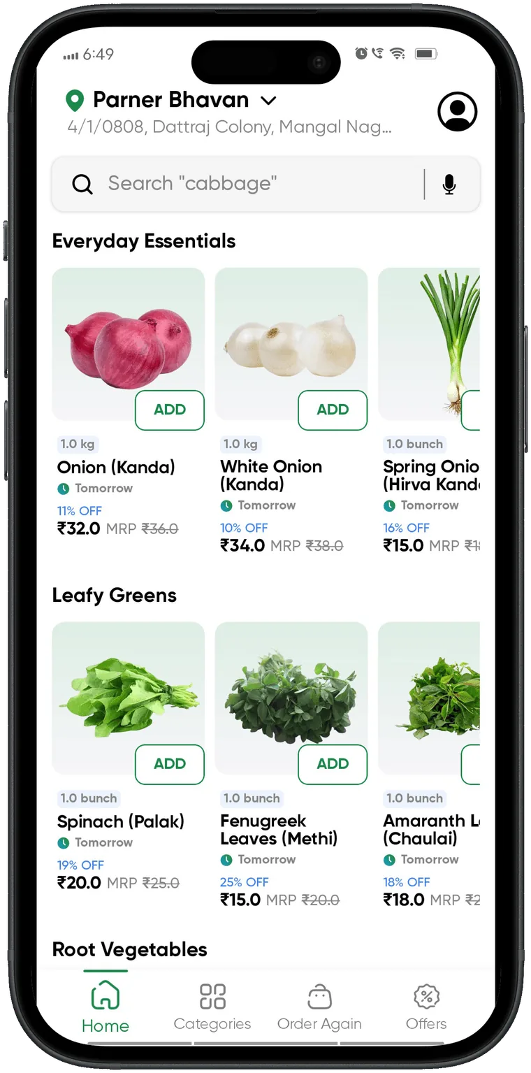 Grazify app home screen showing fresh produce listings with prices
