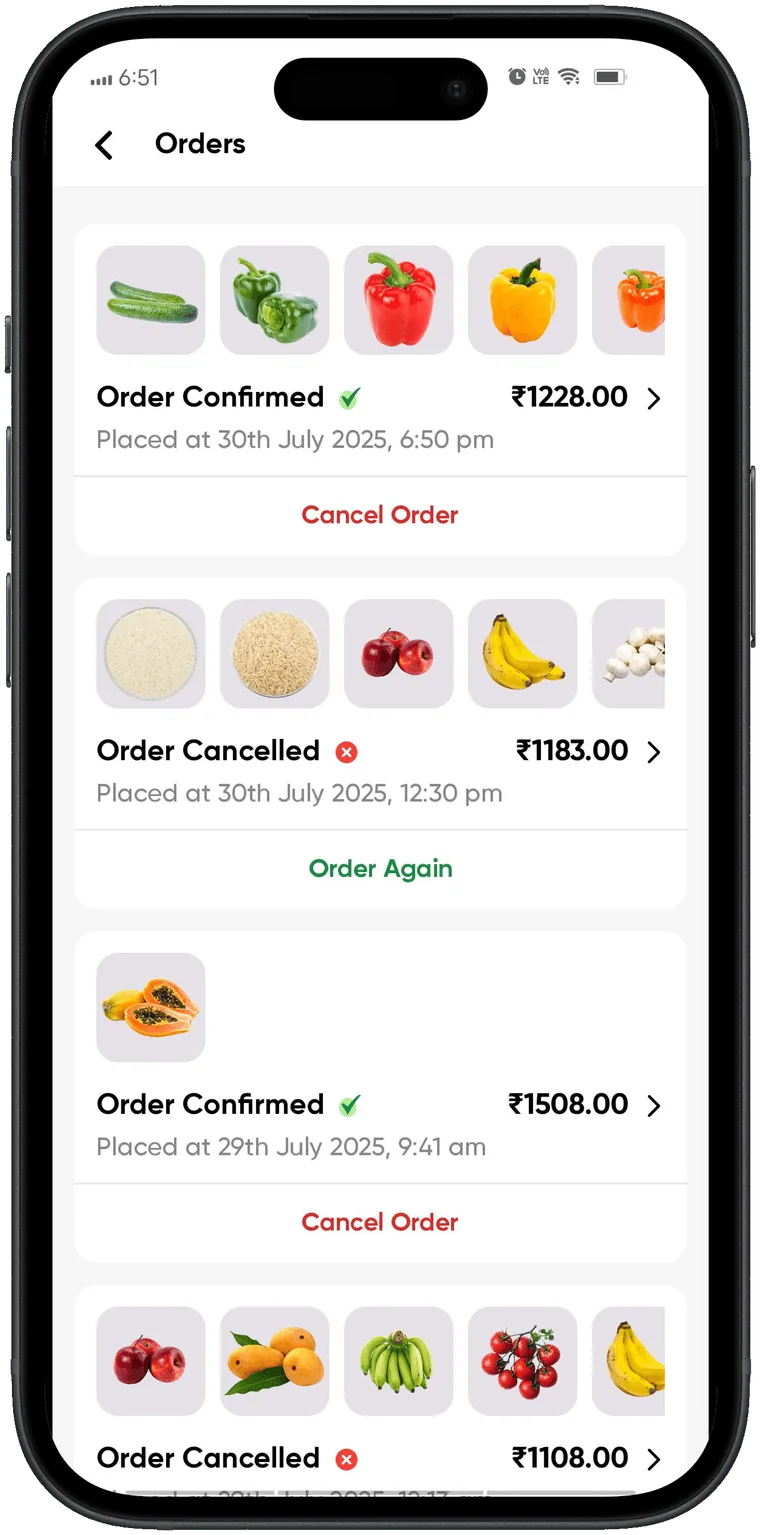 Grazify app orders screen showing confirmed and past orders