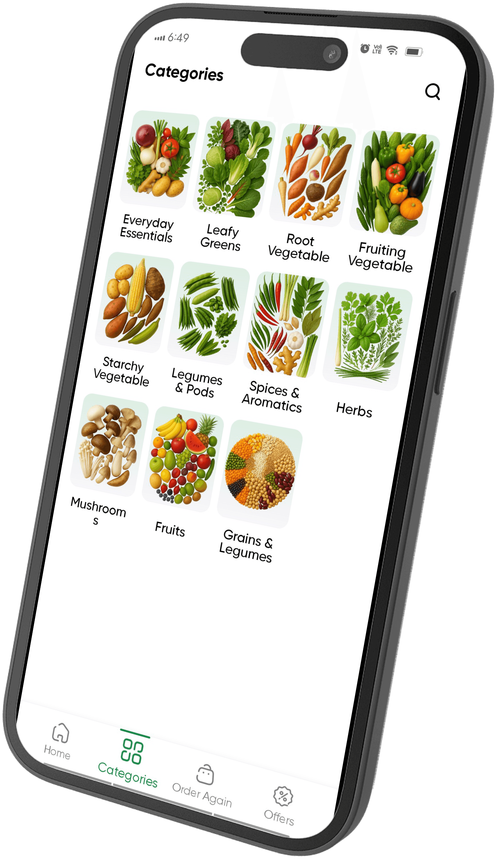 Grazify app categories screen with grocery category tiles