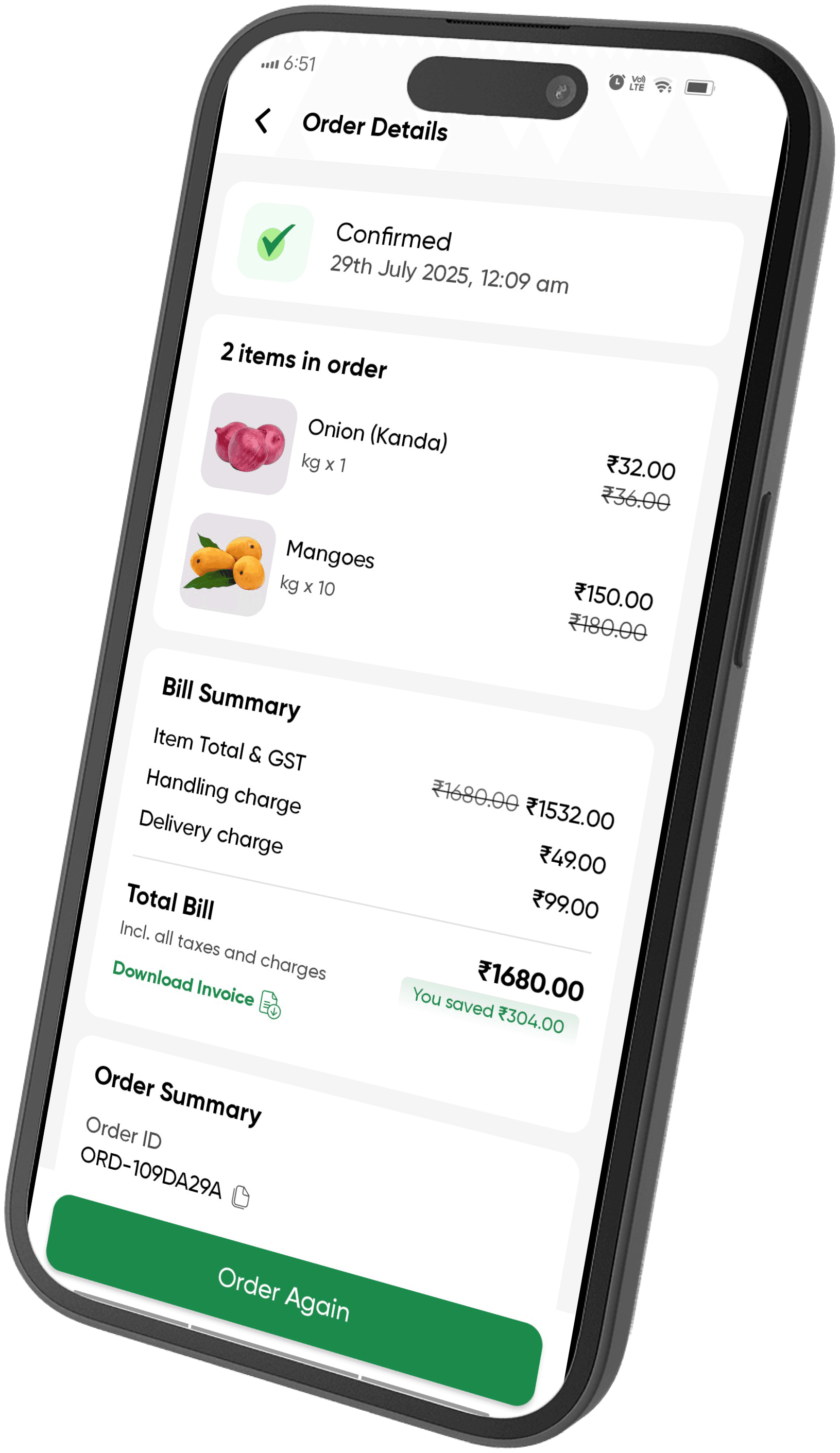 Grazify app order details screen with itemised bill summary