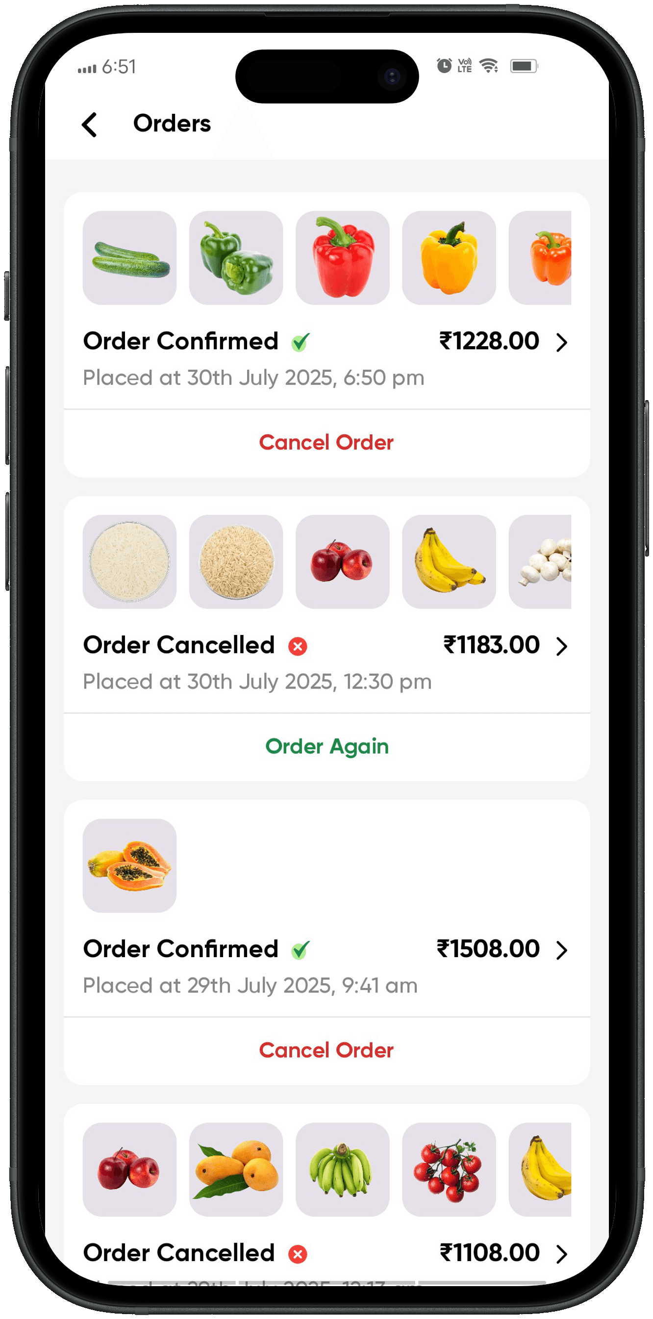 Grazify app orders screen showing confirmed and past orders